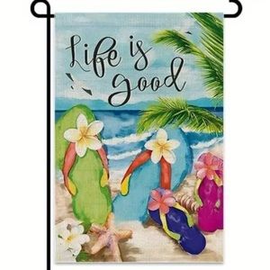 NIP Life Is Good Burlap Garden Flag 12” x 18” Flip Flops